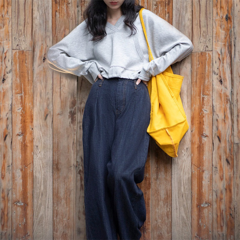 馬登女裝 美式復古水洗藍牛仔闊腿褲直筒休閒高腰顯瘦瀑布褲