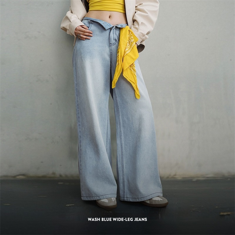 馬登女裝 水洗藍闊腿牛仔褲復古純棉直筒褲垂感寬鬆顯瘦休閒褲女春秋