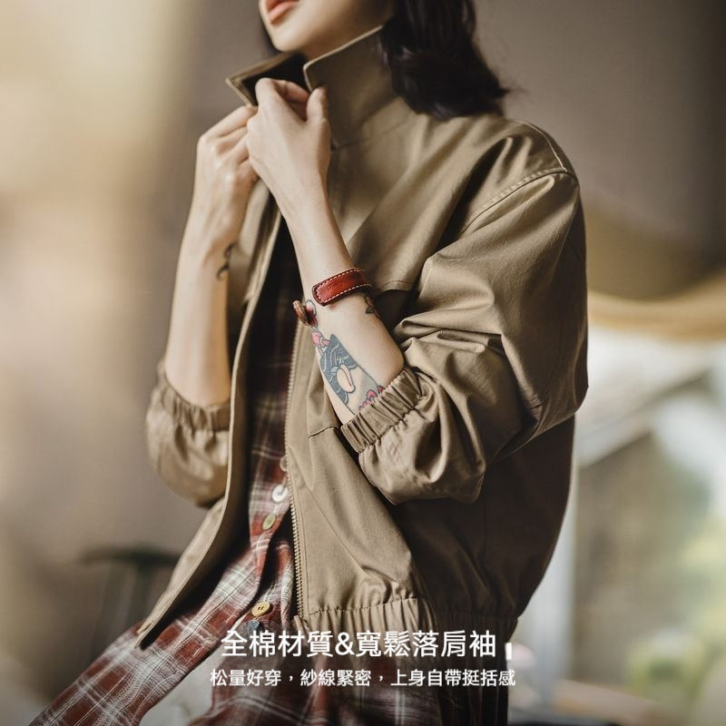 馬登女裝 復古巴恩風燈芯絨撞色翻領短款收腰工裝狩獵夾克外套秋