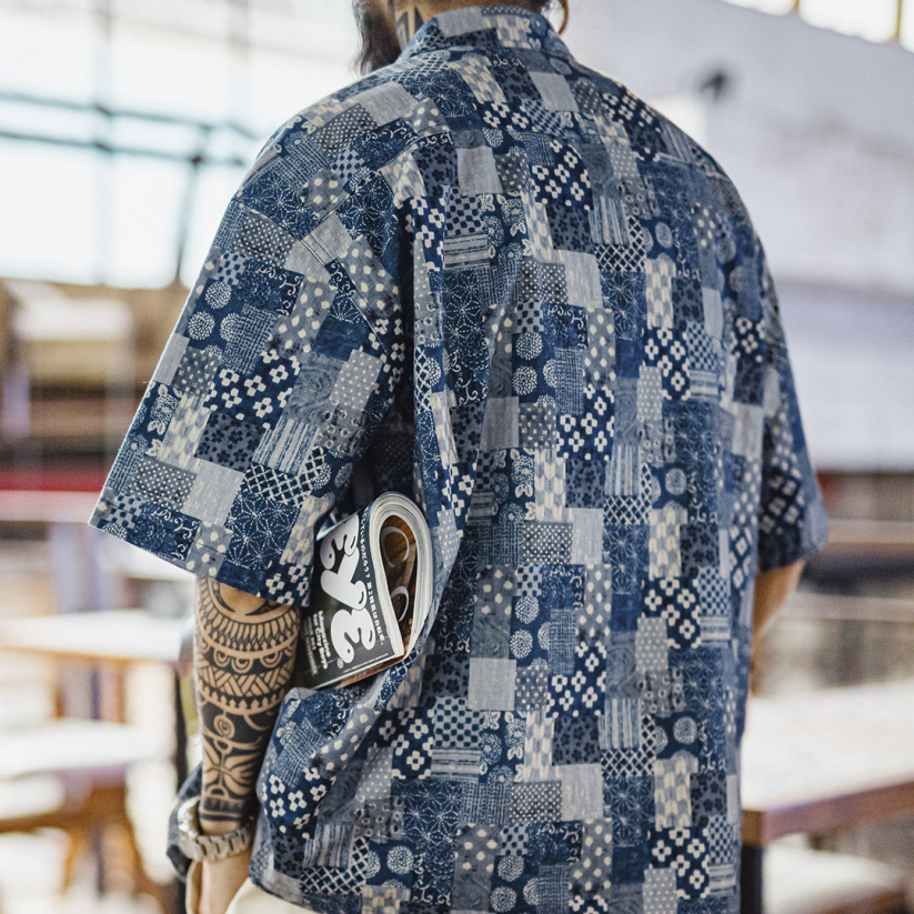 馬登工裝 美式復古Boro古布短袖襯衫vintage印花牛仔襯衣外套男夏