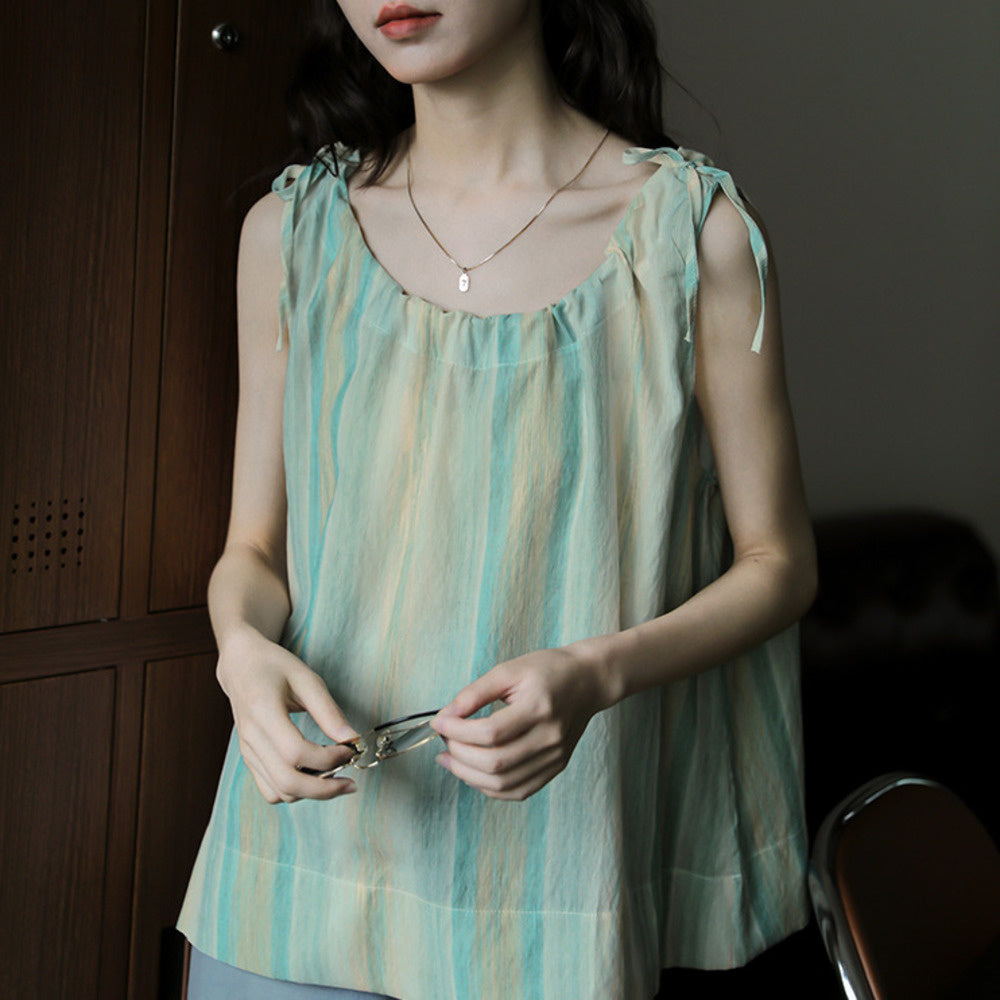 條紋暈染簡約百搭外穿寬鬆背心女設計感蝴蝶結時尚上衣