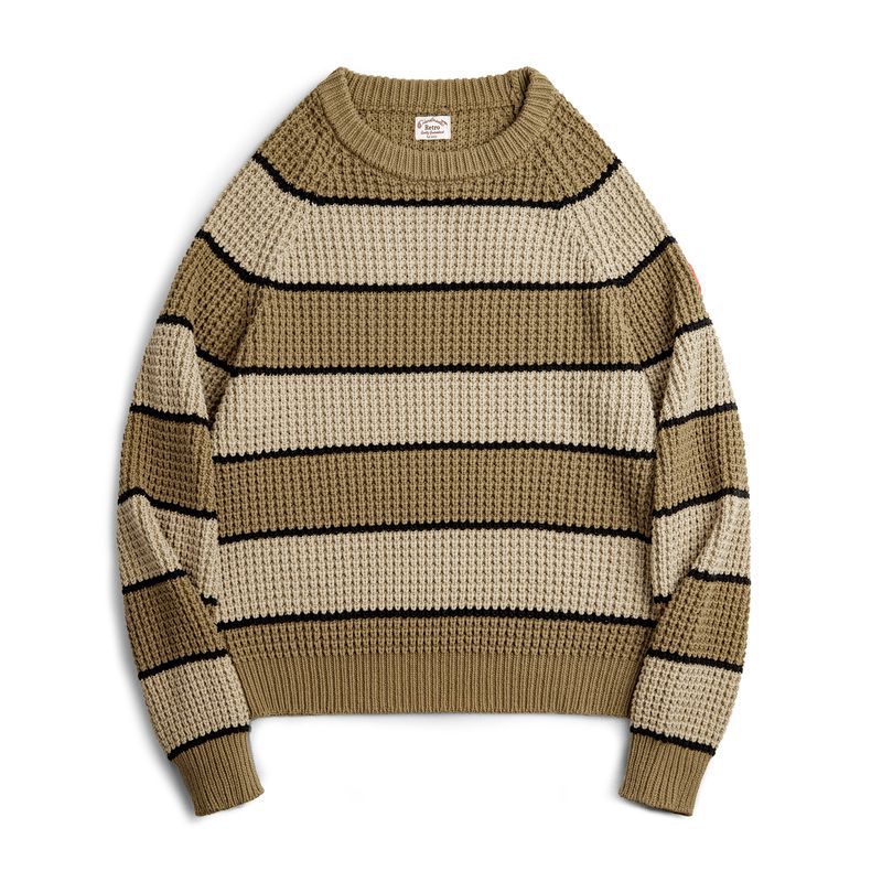 馬登工裝 美式復古撞色鳳梨條紋毛衣肌理感套頭圓領打底針織衫秋冬