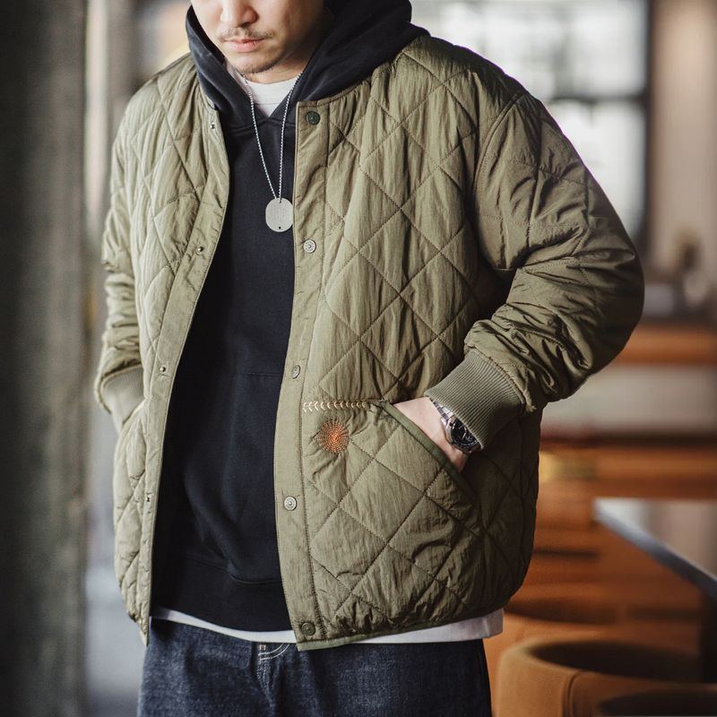 馬登工裝 美式休閒絎縫棒球服夾克棉衣菱形格加厚保暖棉服外套男冬