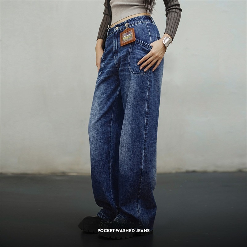 馬登女裝 美式闊腿牛仔褲水洗丹寧直筒拖地褲子設計感顯瘦長褲春秋