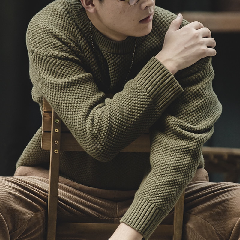 馬登工裝 復古重磅鳳梨紋毛衣加厚圓領慵懶秋冬針織衫