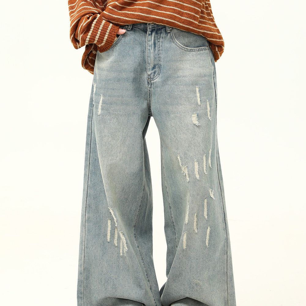 美式復古做舊磨破設計感情侶牛仔褲寬鬆闊腿拖地老爹褲子