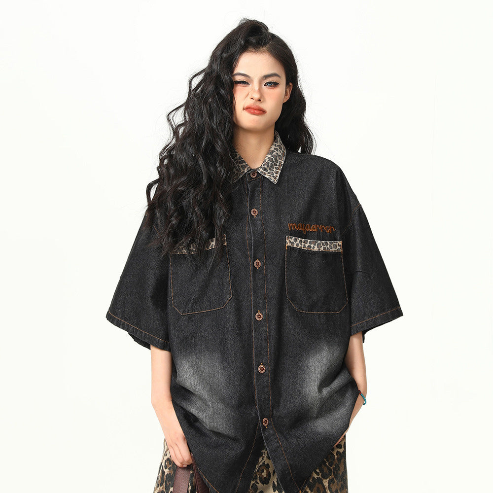 高級感豹紋拼接美式復古水洗牛仔短袖襯衫BF工裝學院風襯衣