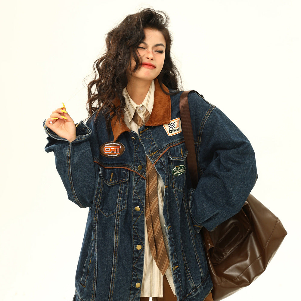 美式復古牛仔外套機車潮牌翻領夾克寬鬆上衣