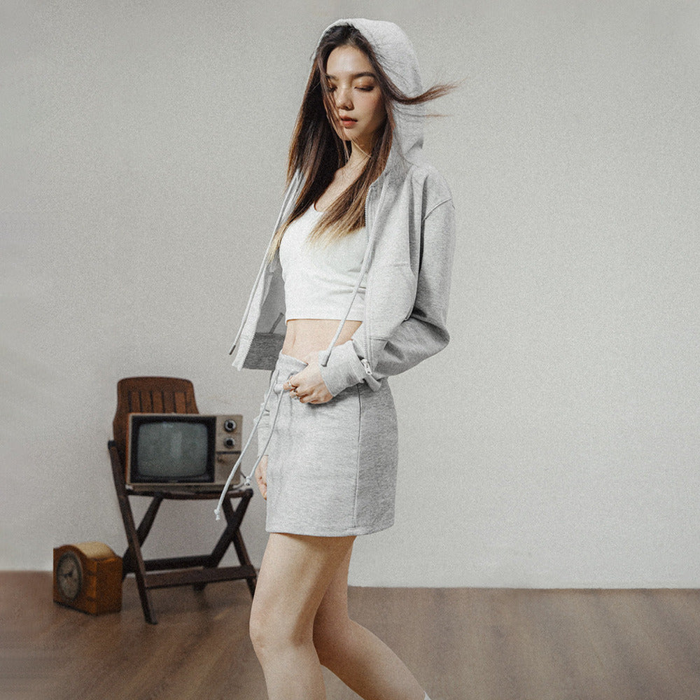 馬登女裝 美式高腰口袋短衛衣修身連帽拉鍊衛衣開衫運動外套