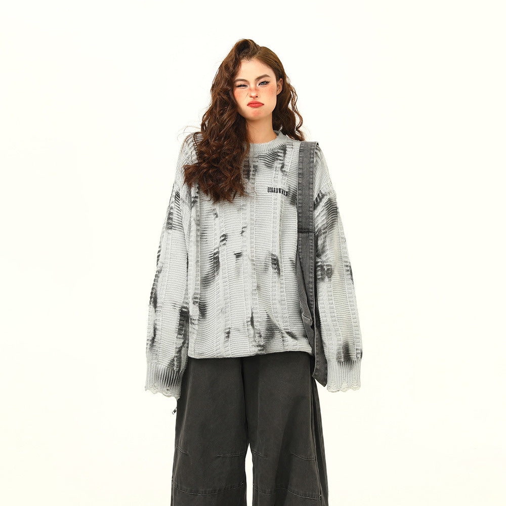 美式復古廢土風紮染設計感毛衣秋季寬鬆慵懶風破損針織毛衣打底衫