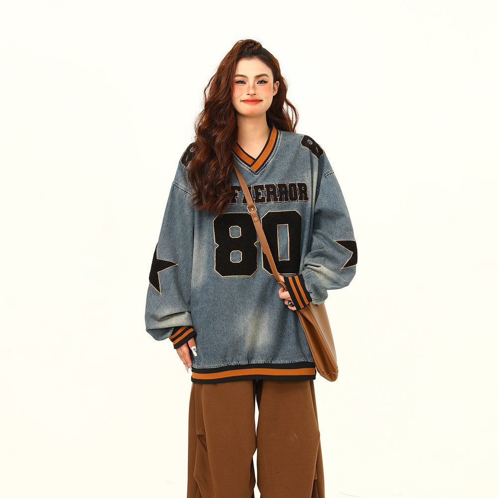 美式復古水洗重磅牛仔衛衣寬鬆秋季潮牌高級感情侶上衣