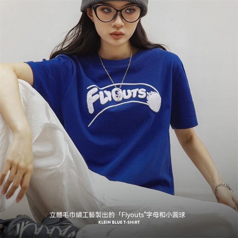 馬登女裝 美式克萊因藍刺繡棒球短袖寬鬆休閒純棉圓領T恤
