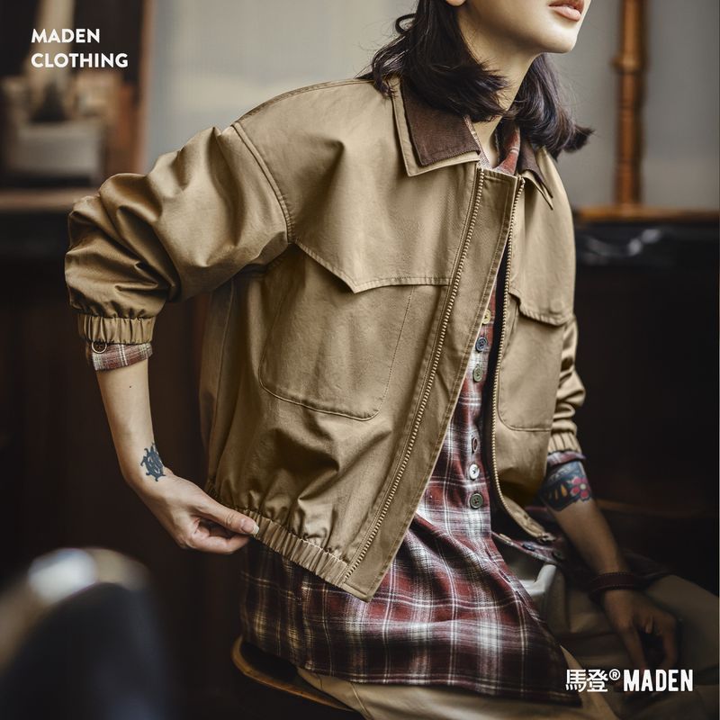 馬登女裝 復古巴恩風燈芯絨撞色翻領短款收腰工裝狩獵夾克外套秋