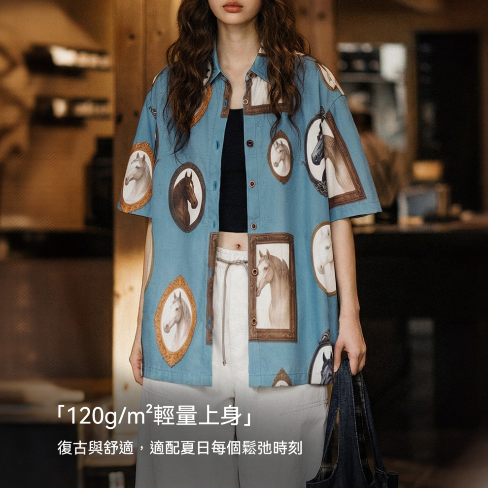 馬登女裝 美式復古翻領寬鬆度假風趣味印花短袖襯衫女士夏外穿襯衣