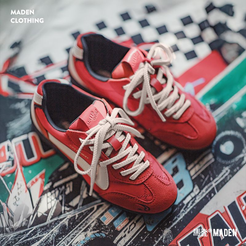 馬登女裝 德訓紅色賽車鞋復古薄底運動休閒鞋平底阿甘板鞋女