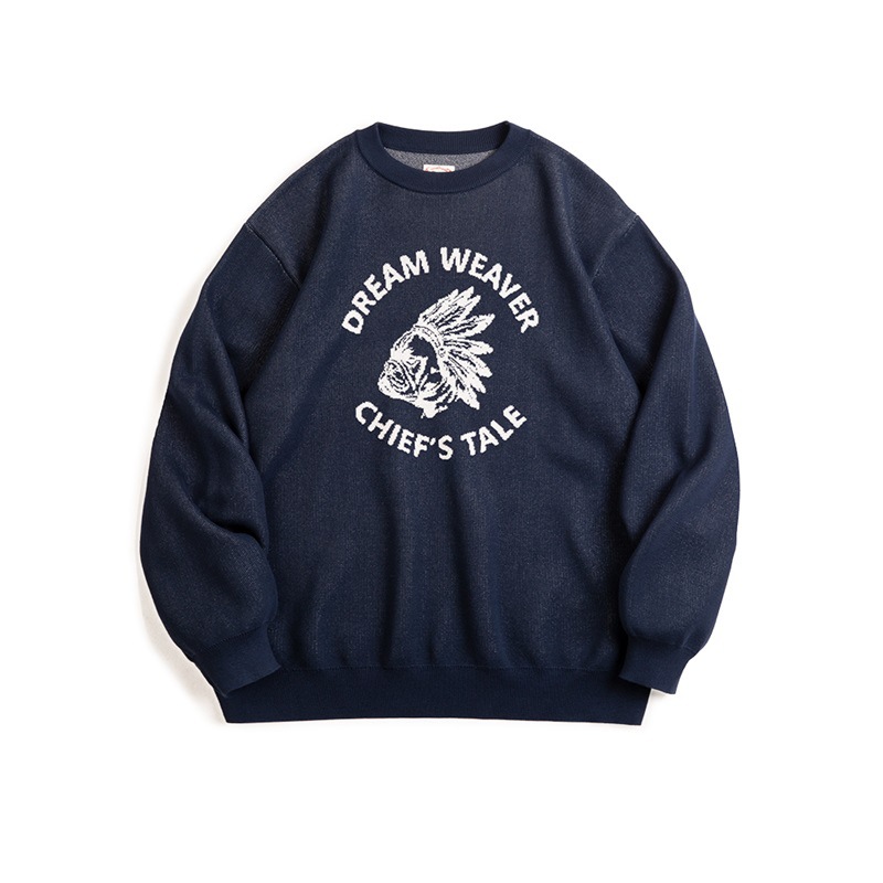 馬登工裝 美式復古仿亞麻字母撞色毛衣阿美哢嘰套頭圓領針織衫男秋冬