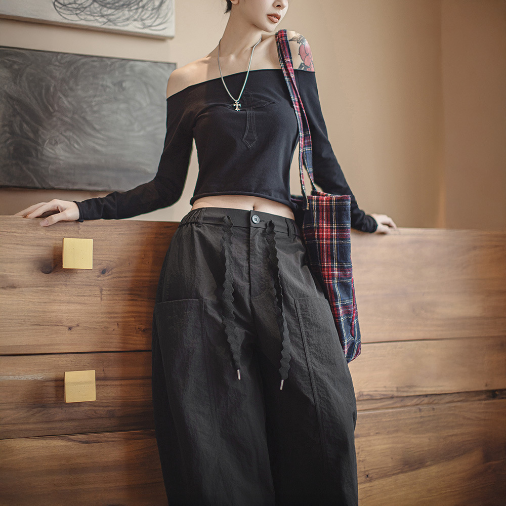 馬登女裝 夏日系鬆弛感工裝山本彎刀褲顯腿長寬鬆慵懶闊腿褲潮