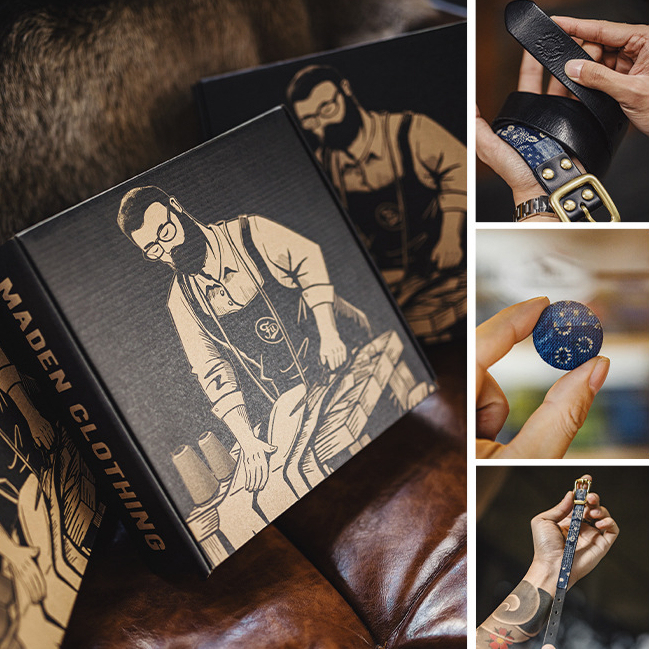 馬登工裝 美式復古Boro古布真皮單針黃銅扣皮帶牛皮手環手鏈徽章禮盒