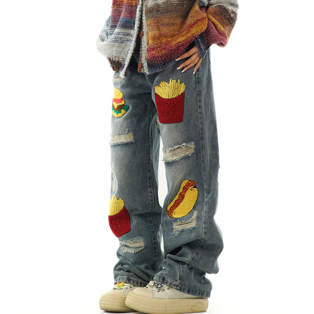 美式復古漢堡薯條破洞水洗牛仔褲寬鬆秋季街頭休閒長褲男女