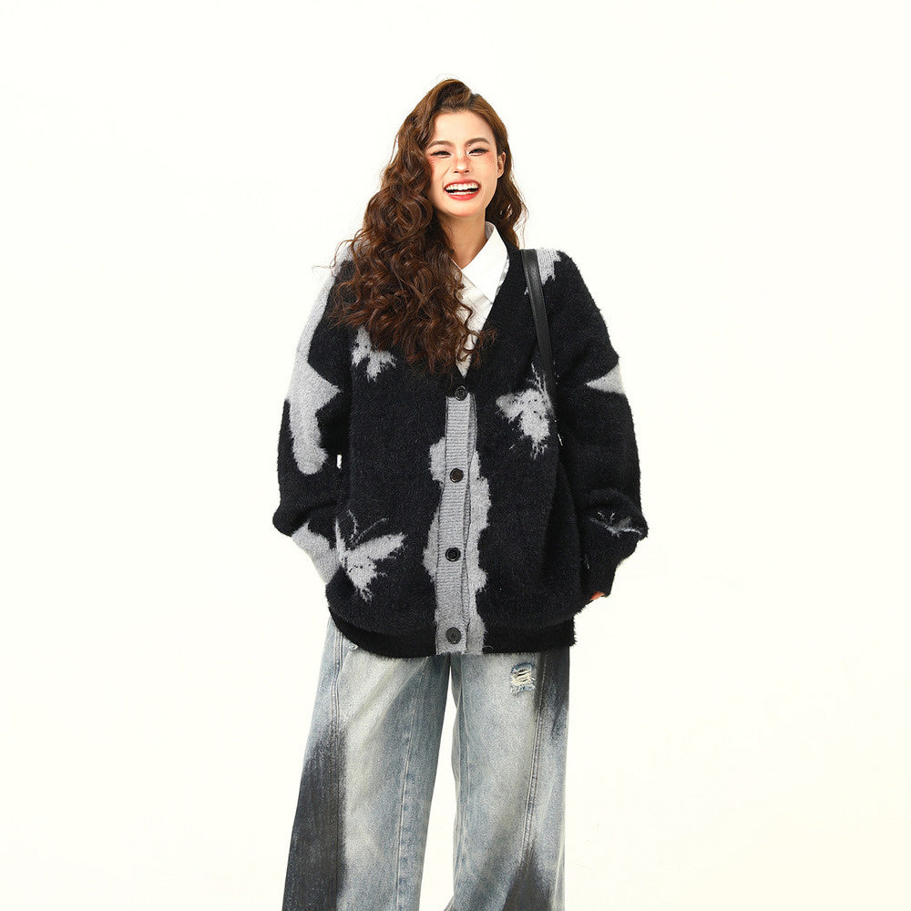 美式復古設計感蝴蝶針織開衫毛衣秋冬慵懶寬鬆情侶針織外套