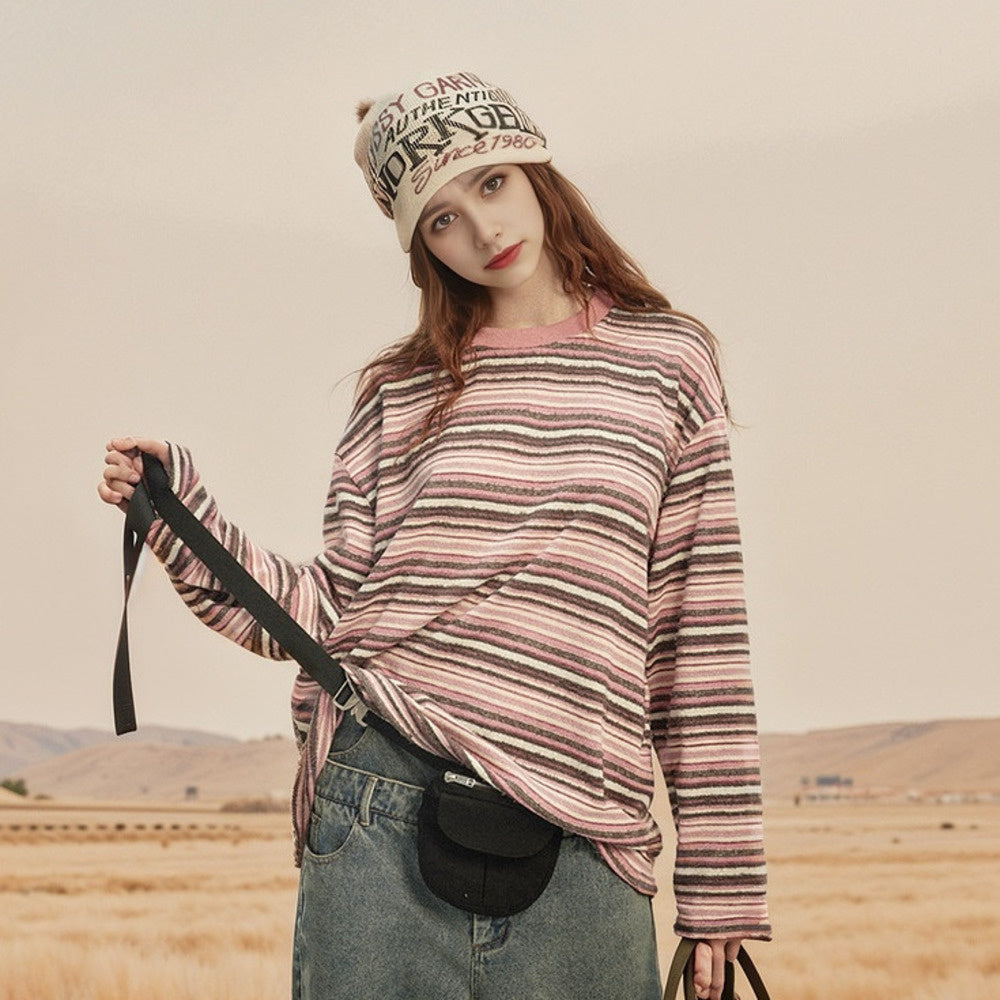 美式街頭復古拼接條紋長袖衛衣T恤女春秋寬鬆潮牌套頭上衣