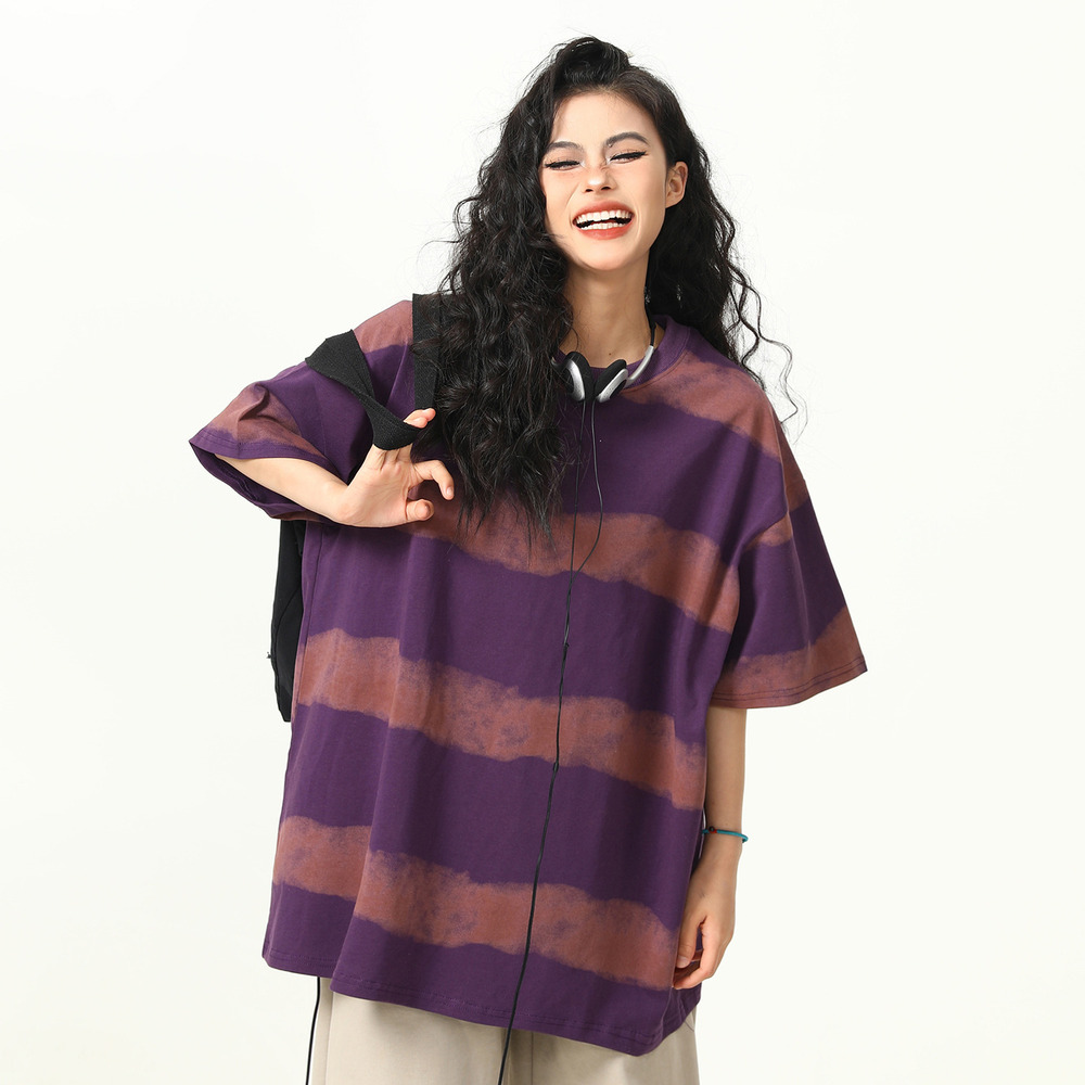 夏季新品紮染條紋短袖T恤女夏季寬鬆美式復古上衣