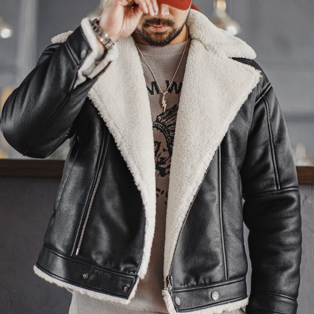 馬登工裝 美式G1飛行服夾克bomber仿羊羔絨荔枝紋皮衣保暖外套男冬