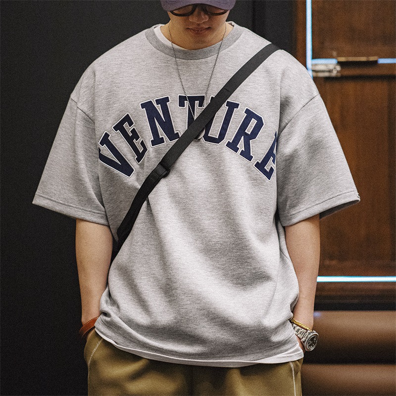 馬登工裝 空氣層字母刺繡短袖T恤潮流寬鬆重磅五分袖圓領打底衫