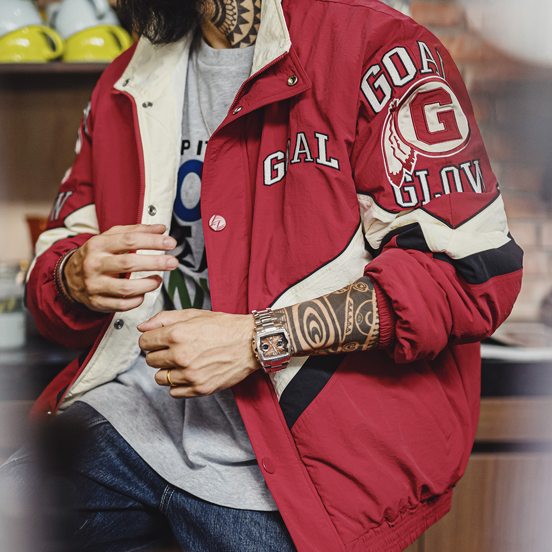 馬登工裝 美式復古拼接撞色賽車夾克紅色翻領加厚保暖棉服外套男冬