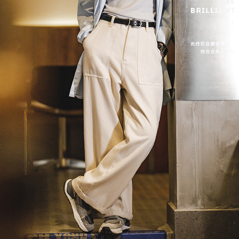 馬登女裝 美式白色牛仔Cleanfit闊腿褲寬鬆口袋工裝褲直筒休閒長褲