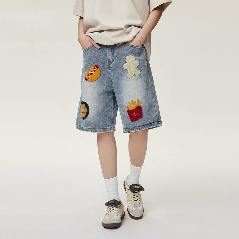 美式街頭做舊創意毛巾繡牛仔短褲男女潮牌高街直筒五分褲