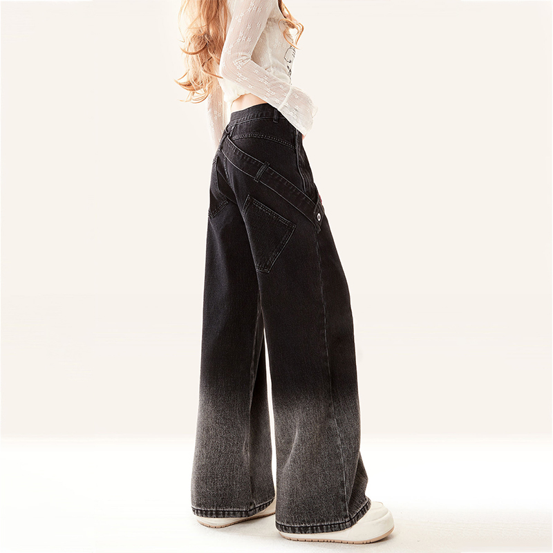 側邊拉鍊漸變黑色牛仔褲秋季高腰美式寬褲梨型身材寬鬆長褲