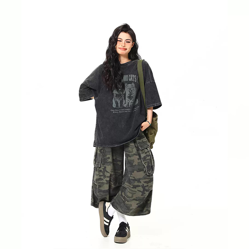 美式復古黑貓印花短袖T卹夏季寬鬆水洗做舊潮牌情侶Tee