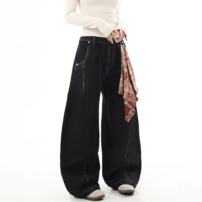 美式復古丹寧原色彎刀牛仔褲可拆式方巾寬褲休閒褲