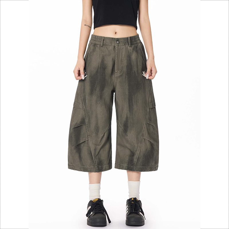 美式復古做舊髒染工裝七分褲男女高街潮牌休閒褶皺設計感寬褲