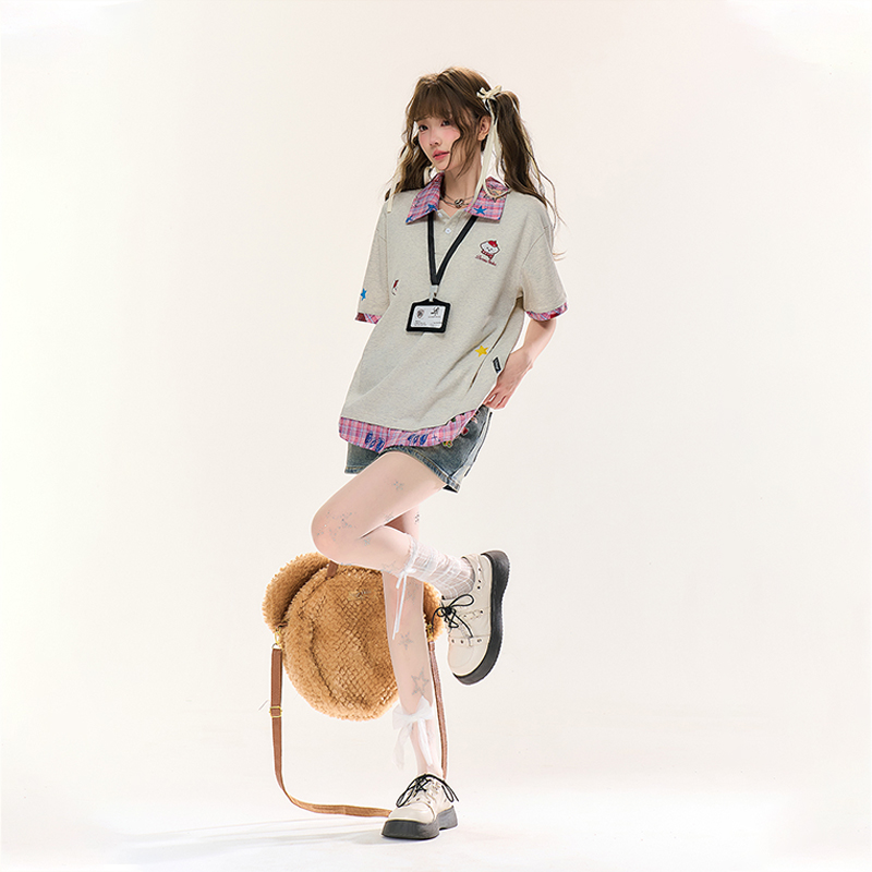 美式刺繡小狗格紋Polo領短袖T卹寬鬆學院風假兩件半袖