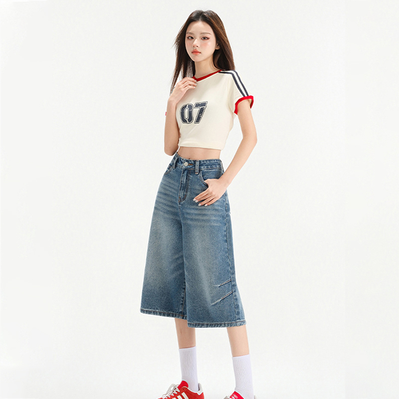 美式復古高腰顯瘦寬鬆褶皺七分褲做舊設計感七分闊腿牛仔褲