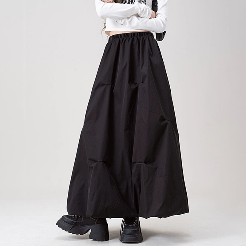 美式復古咖色褶皺花苞半身裙春夏高腰辣妹A字長裙