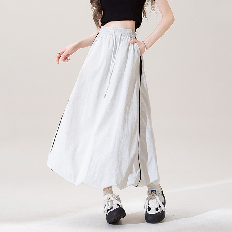 美式復古運動風花苞工裝裙女夏季薄款撞色高腰抽繩速乾A字蓬蓬半身裙