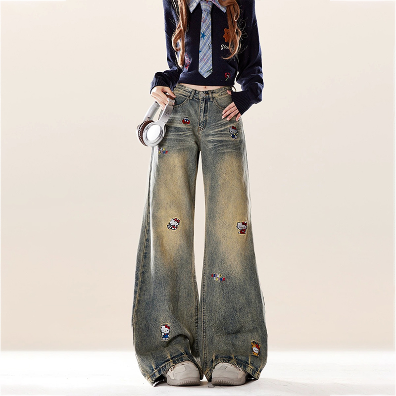 美式復古Kitty貓刺繡牛仔褲秋冬季做舊慵懶風闊腿牛仔褲子