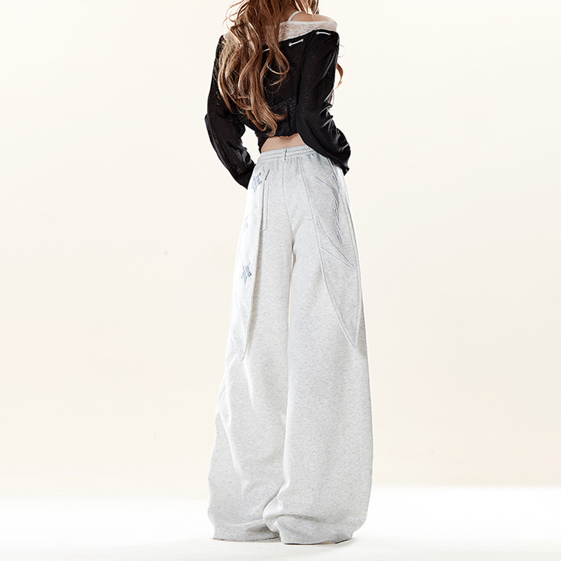 美式復古星星貼布繡衛褲春秋季兔耳朵設計感休閒慵懶風闊腿褲