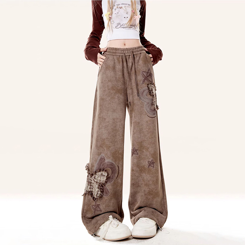 美式復古蝴蝶貼布繡衛褲秋冬設計感休閒寬鬆闊腿運動褲