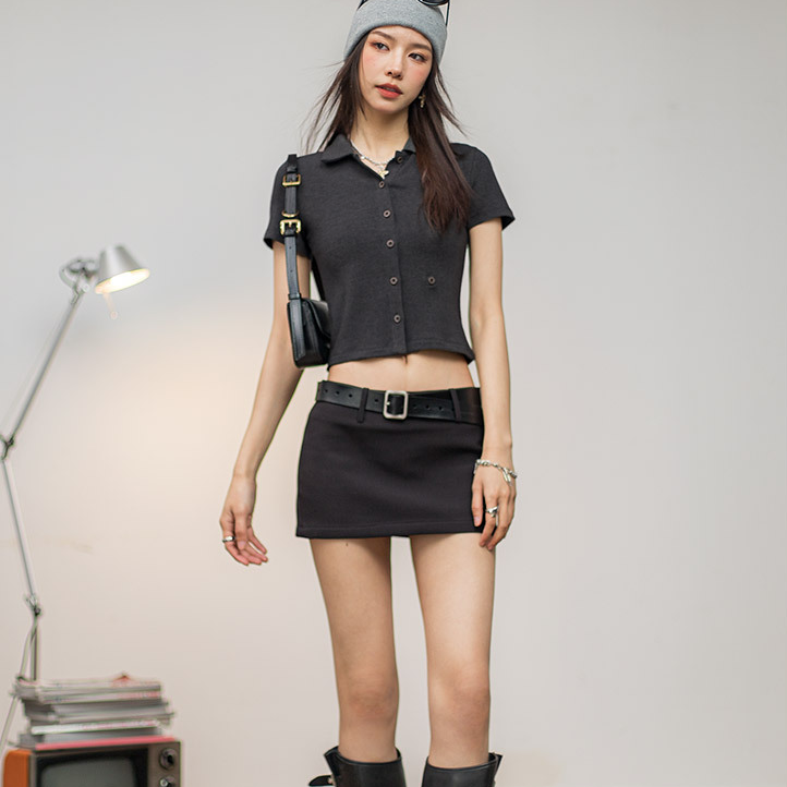 馬登女裝 復古Polo領短袖修身短款正肩針織開衫辣妹露腰顯瘦上衣夏