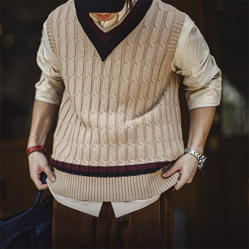 馬登工裝 美式復古IVY針織V領毛衣背心學院風撞色絞花無袖馬甲男秋