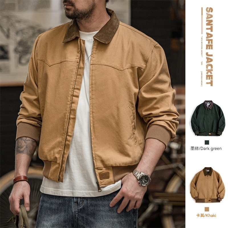 馬登工裝 美式復古重磅聖達菲帆布夾克水洗純棉翻領外套男秋季