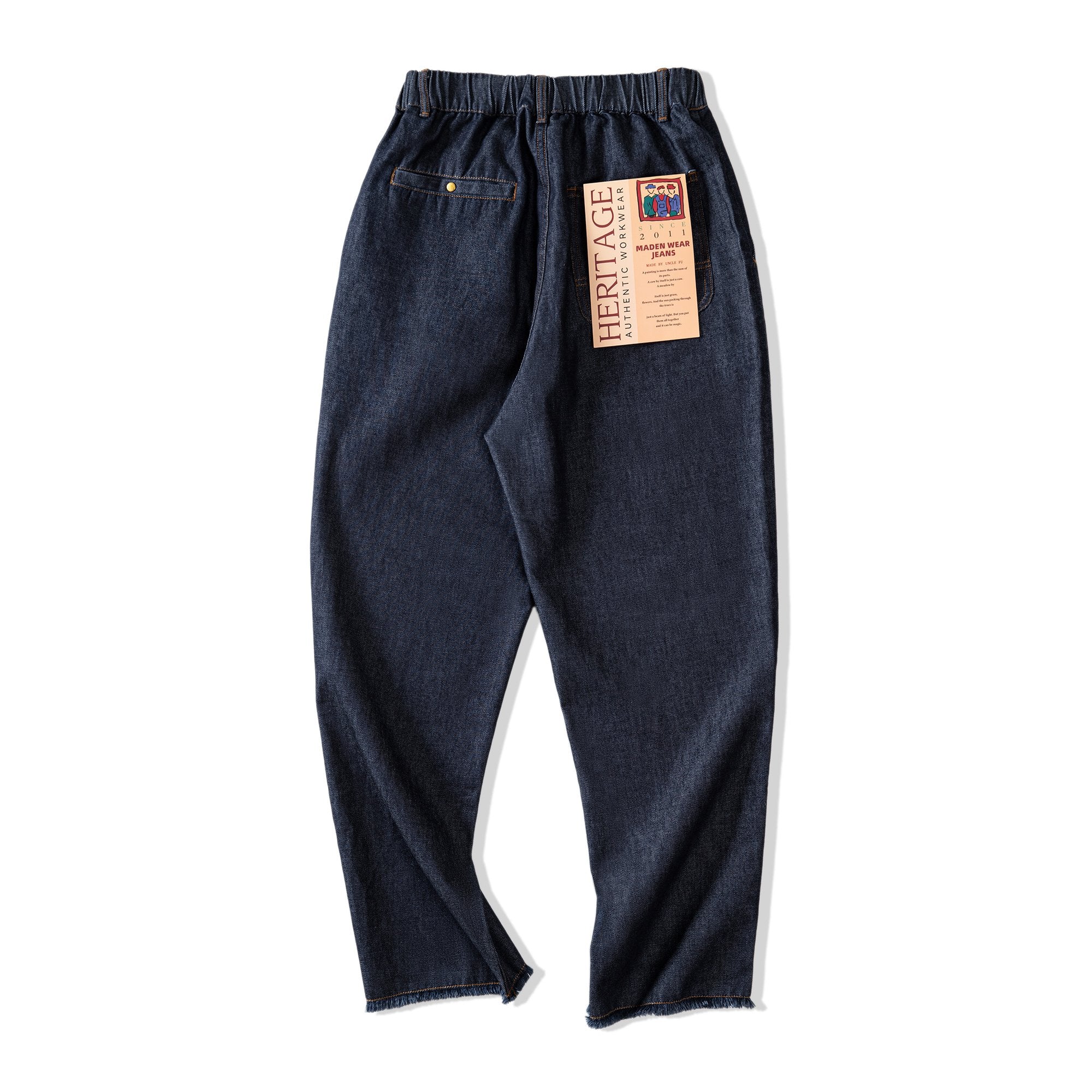 馬登工裝 美式休閑冰皮牛仔褲丹寧水洗雙褶毛邊寬松直筒長褲