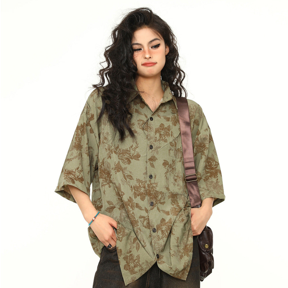 古著感花卉短袖襯衫女美式個性寬鬆潮牌夏季襯衣