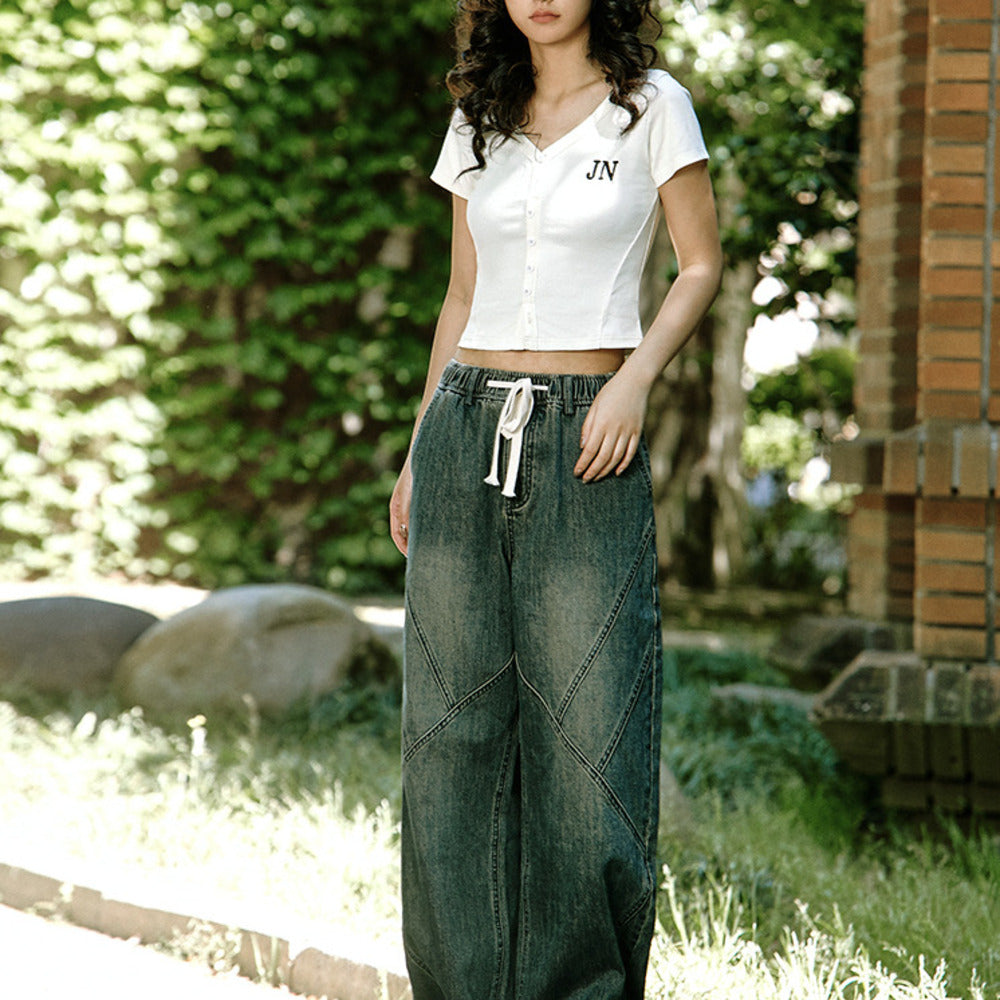 美式復古直筒牛仔褲女解構設計感高腰寬鬆闊腿休閒長褲