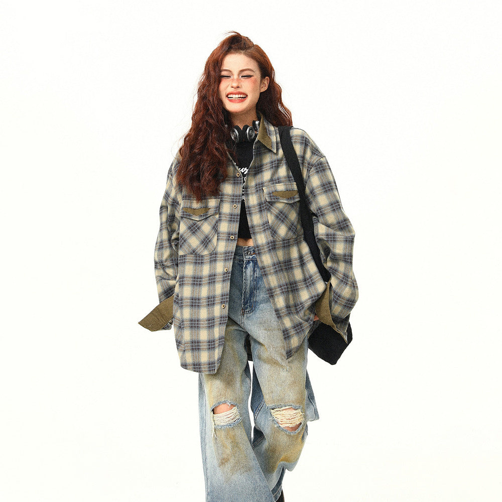 美式復古拼接撞色設計感秋季格子長袖襯衫外套女寬鬆百搭襯衣外套