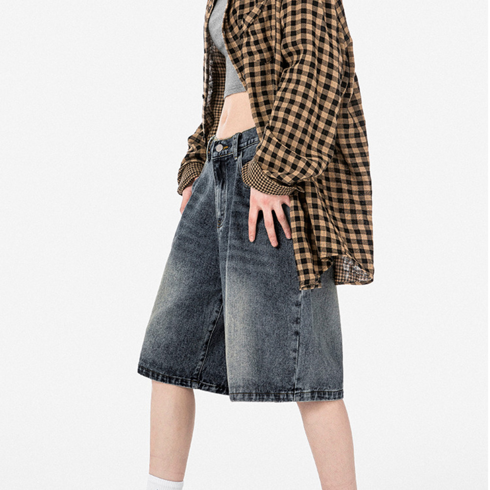 復古做舊水洗牛仔短褲女夏季寬鬆直筒顯瘦五分褲